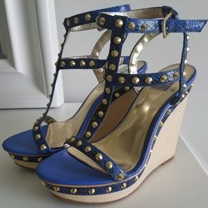 Falchi by Falchi Gold Studded Blue Wedges NWOB
